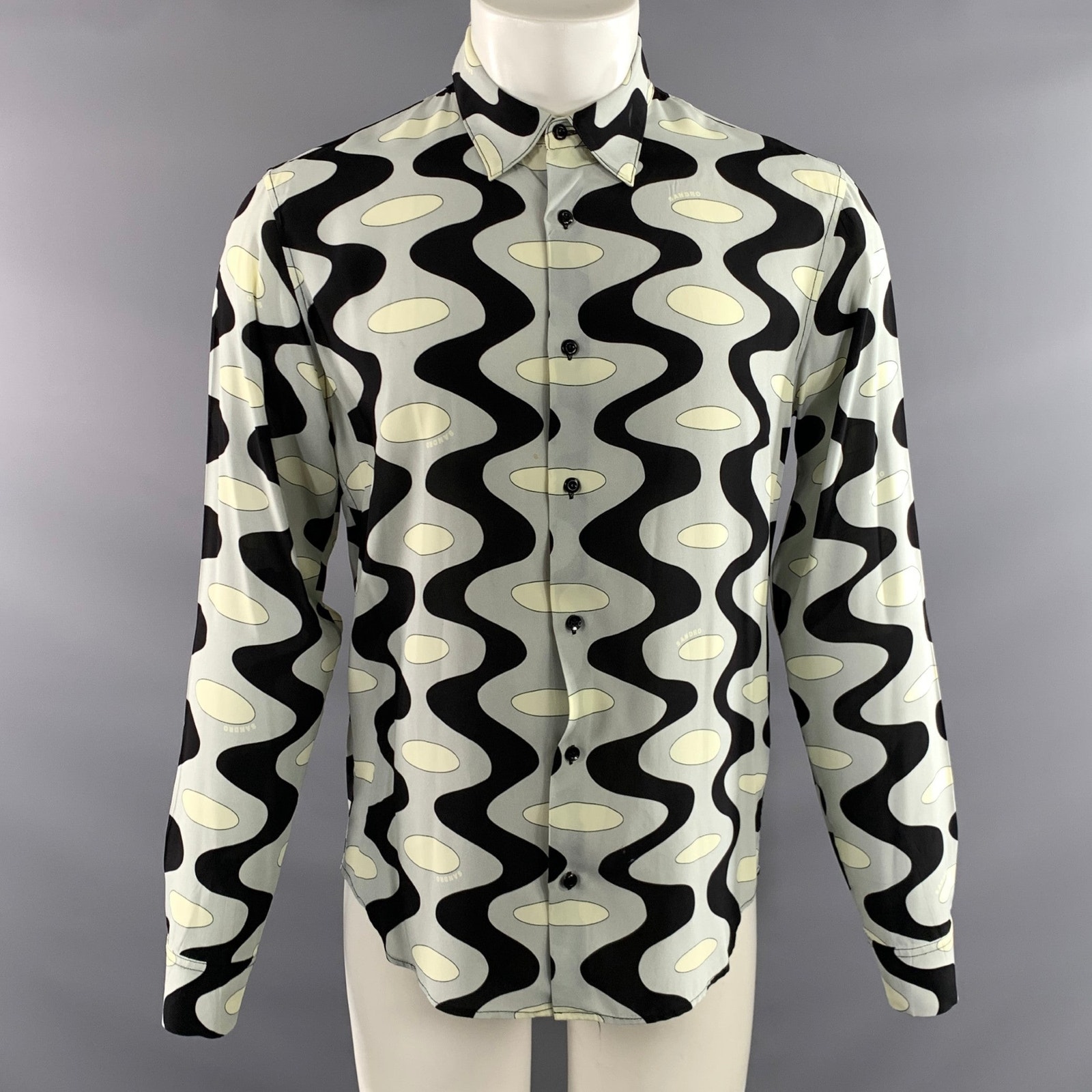 Sandro Size M Black Light Blue Geometric Viscose Long Sleeve Shirt